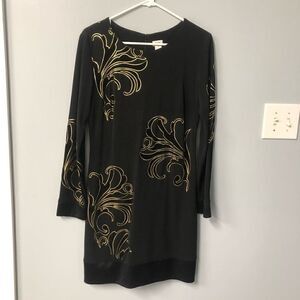 cache womens black gold velvet contrast printed sheath dress size 12 long sleeve